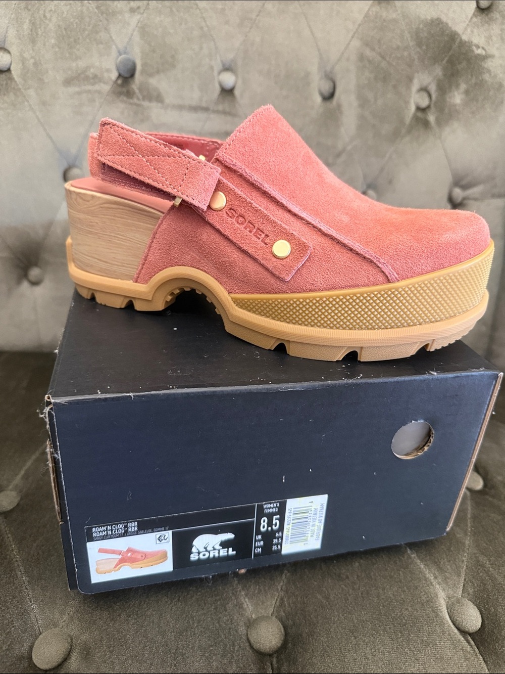 Sorel Pink Suede Platform Clog with Tan Lug Sole